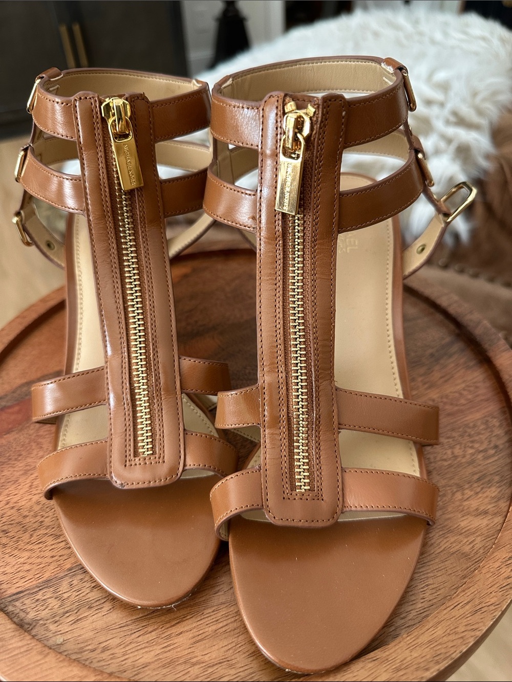 Michael Kors Women’s Brown Leather Strappy Sandals with Gold Zipper
